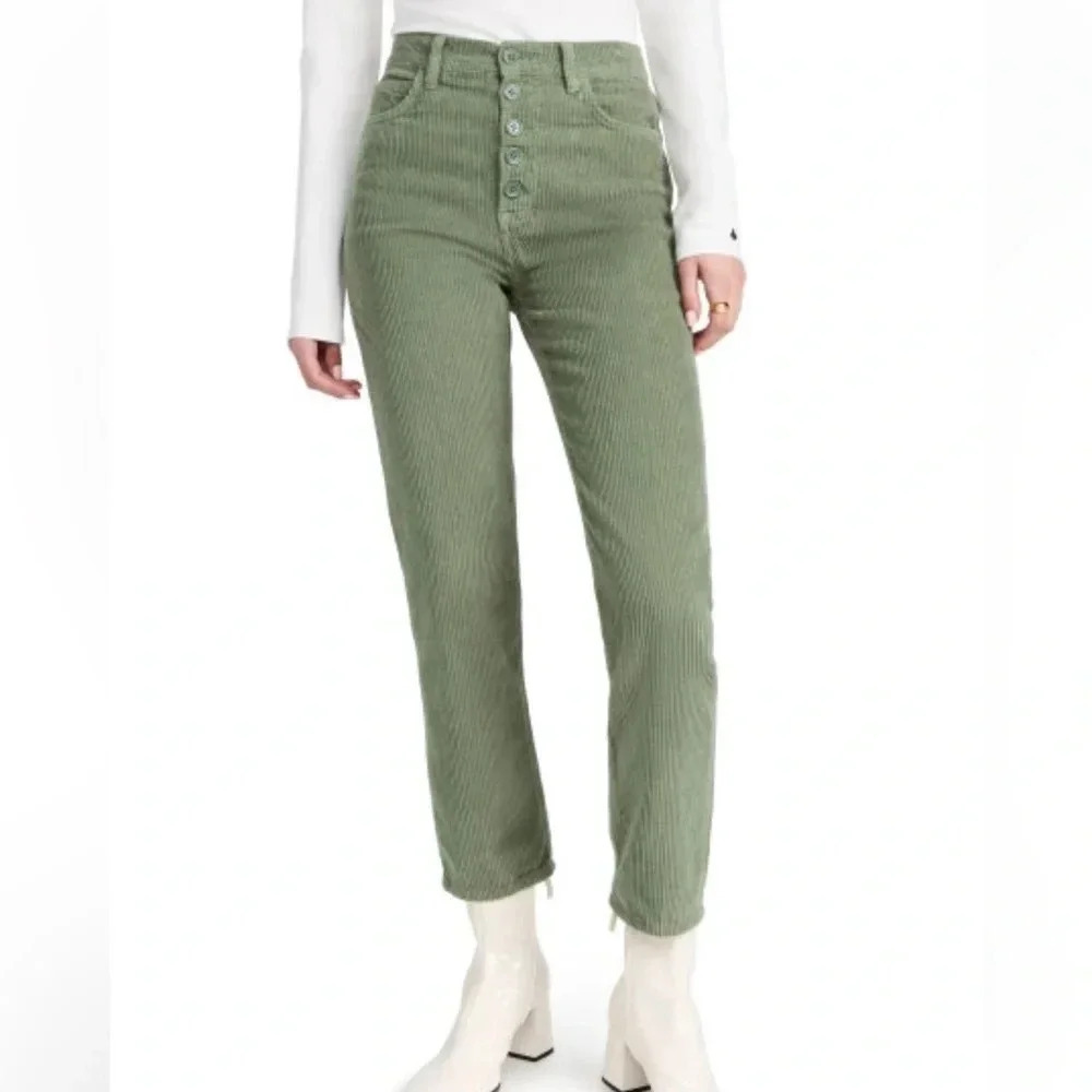 Reformation Cynthia Button Fly High Rise Straight Corduroy Pants in Moss